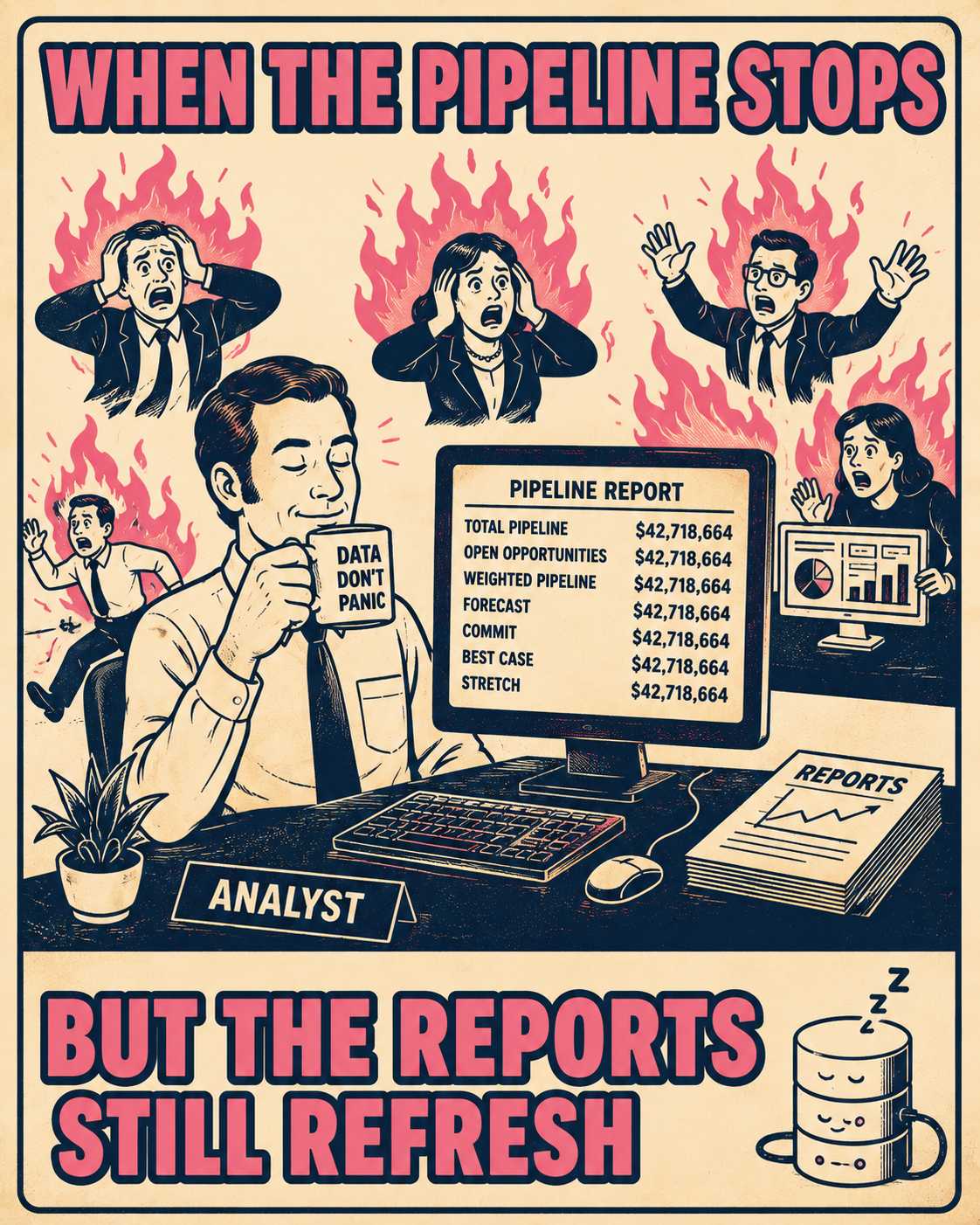 Analyst calmly working while burning figures surround them; data pipeline failure.