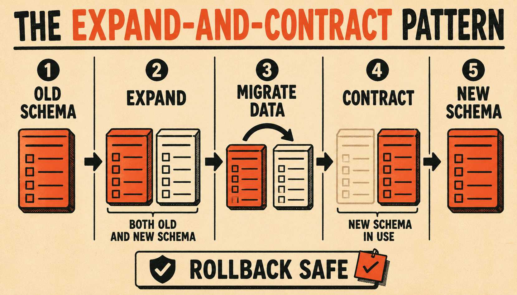 Five-stage flow diagram: expand old and new schemas, migrate data, contract old schema.
