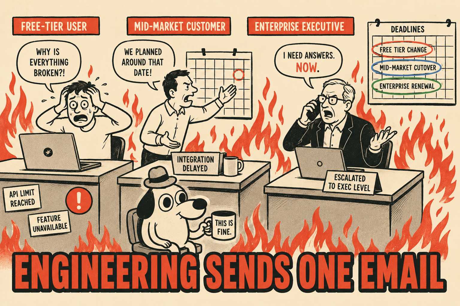 Three simultaneous customer support crises: panicked user, angry mid-market customer, enterprise executive on phone