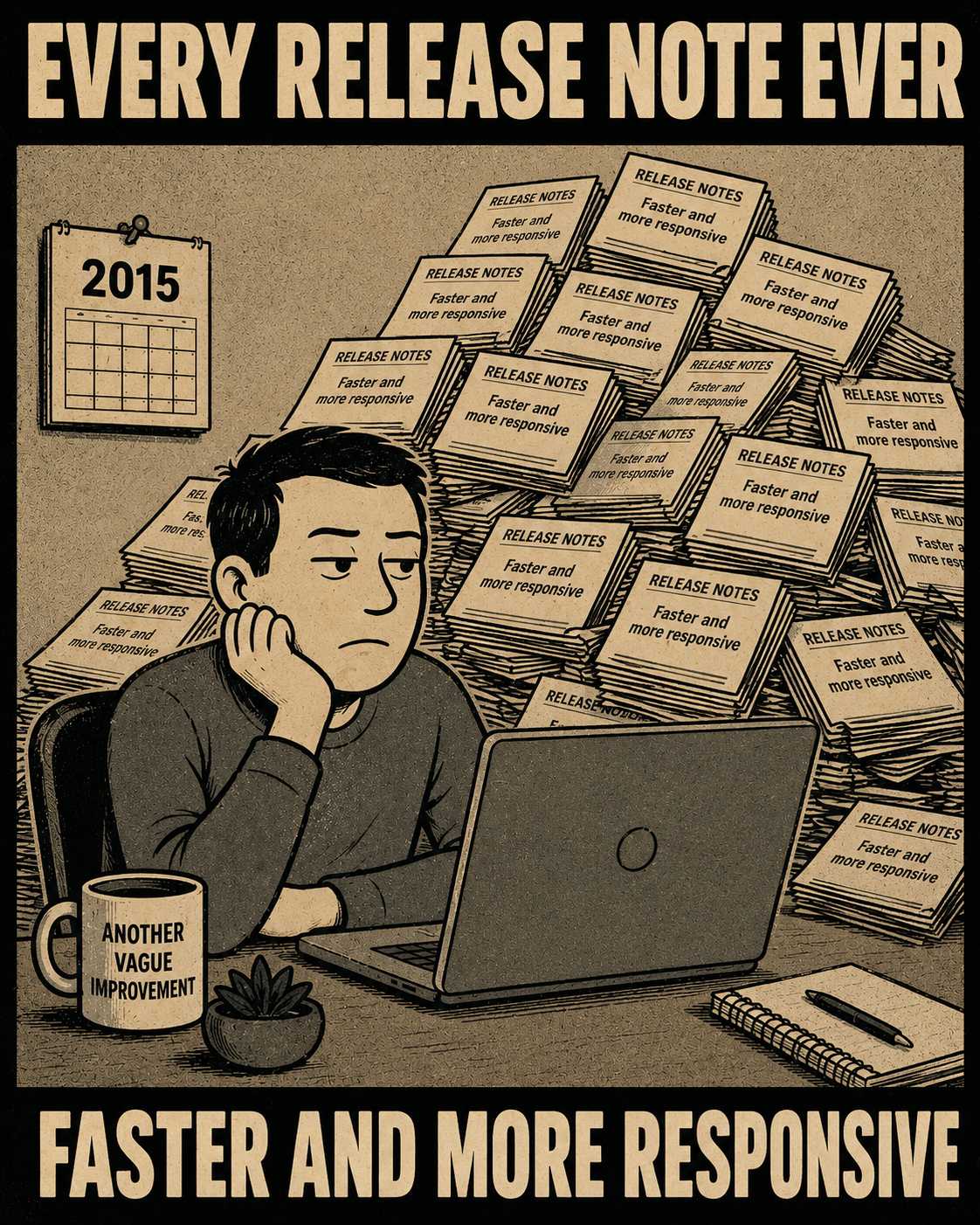 Skeptical user reading generic performance claim, surrounded by years of identical promises