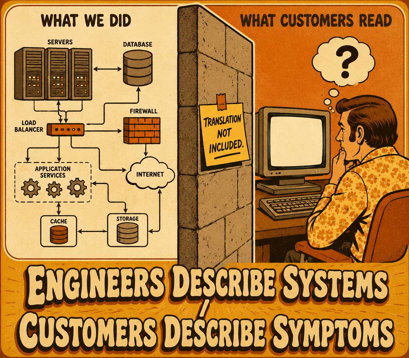 Engineers describe systems while customers describe symptoms, separated by a wall