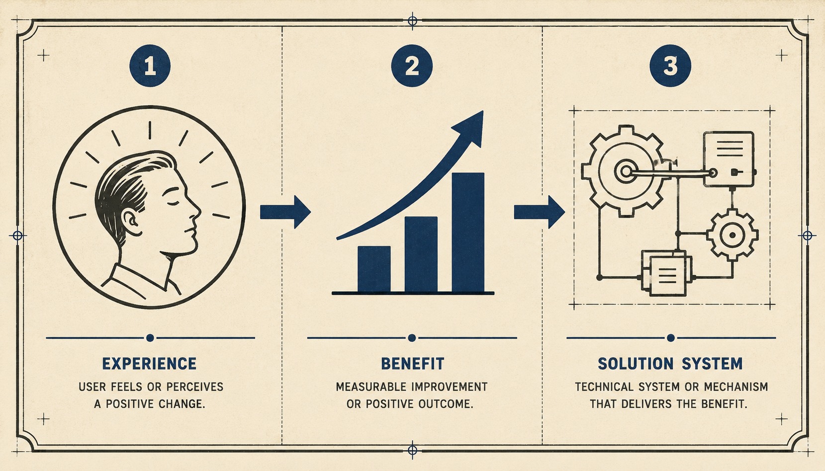 Three-stage flow: immediate effect, durable benefit, technical detail
