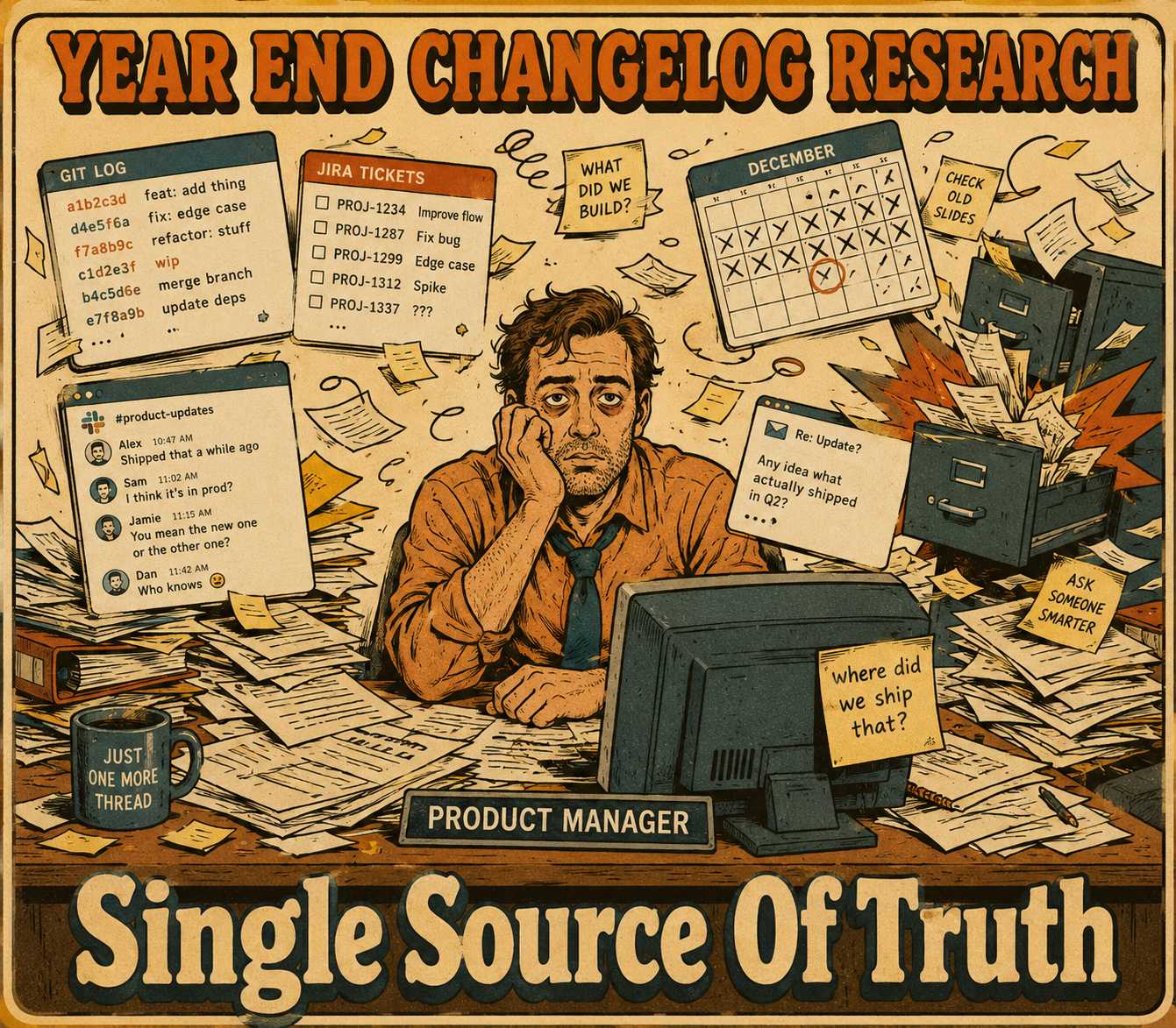 Overwhelmed product manager drowning in scattered documentation from multiple systems