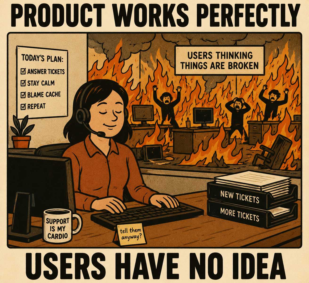 Customer service worker calmly at desk while office burns, labeled about product vs user understanding