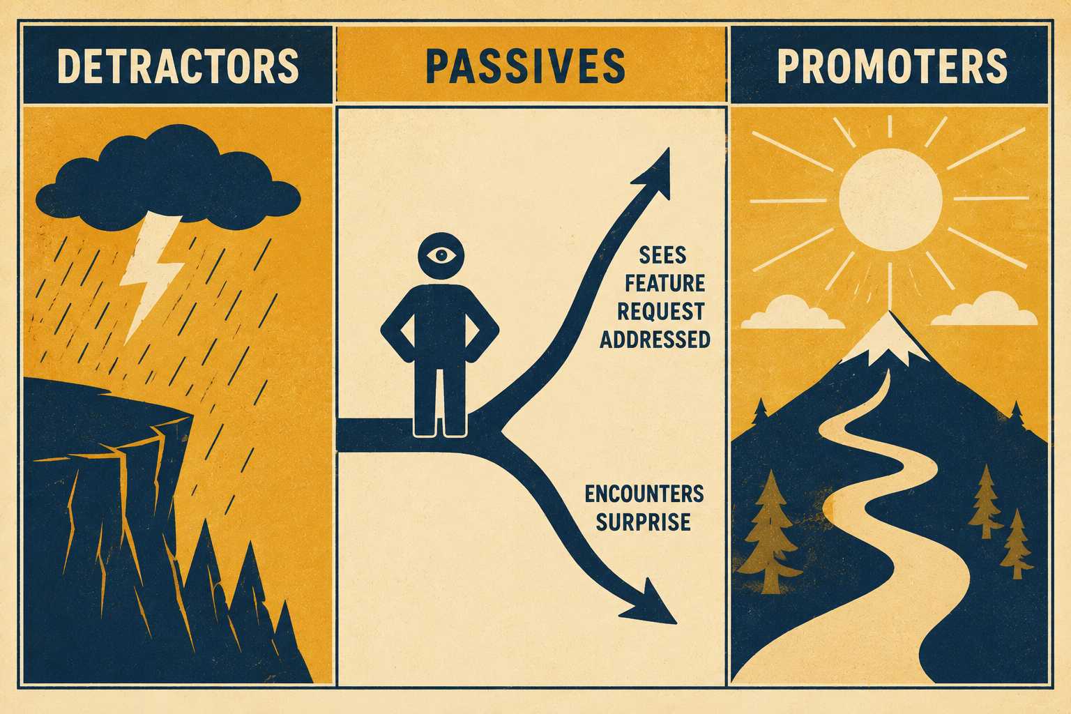 Three columns showing detractors, passives at a fork, and promoters with labeled paths