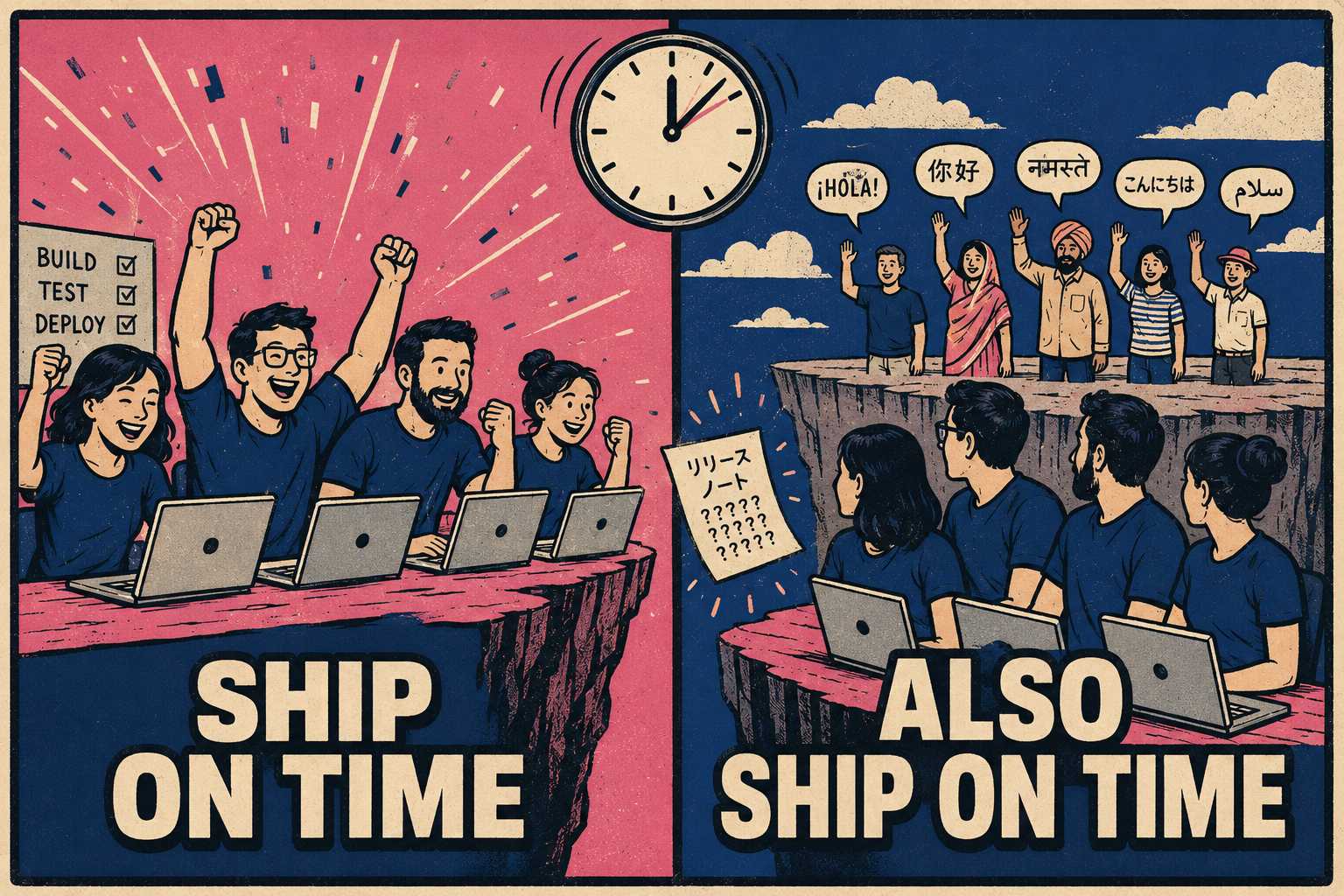 Split-panel meme showing engineering team celebrating while ignoring international customers across a gap