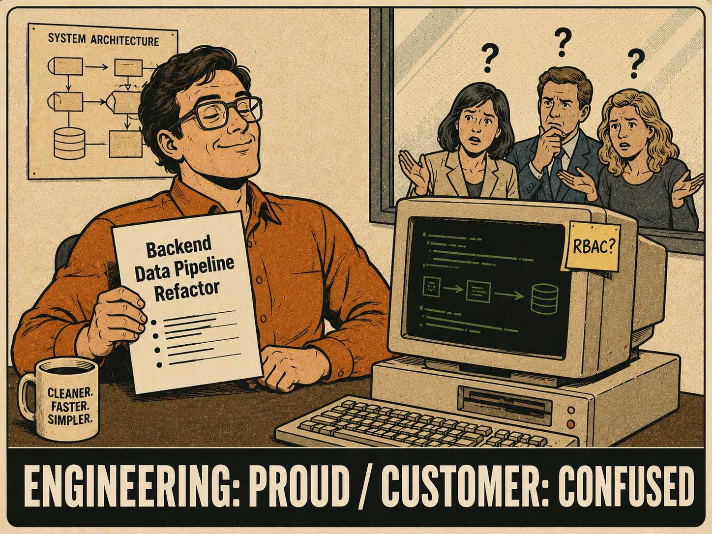 Engineer proudly presenting release notes while customer looks lost and confused