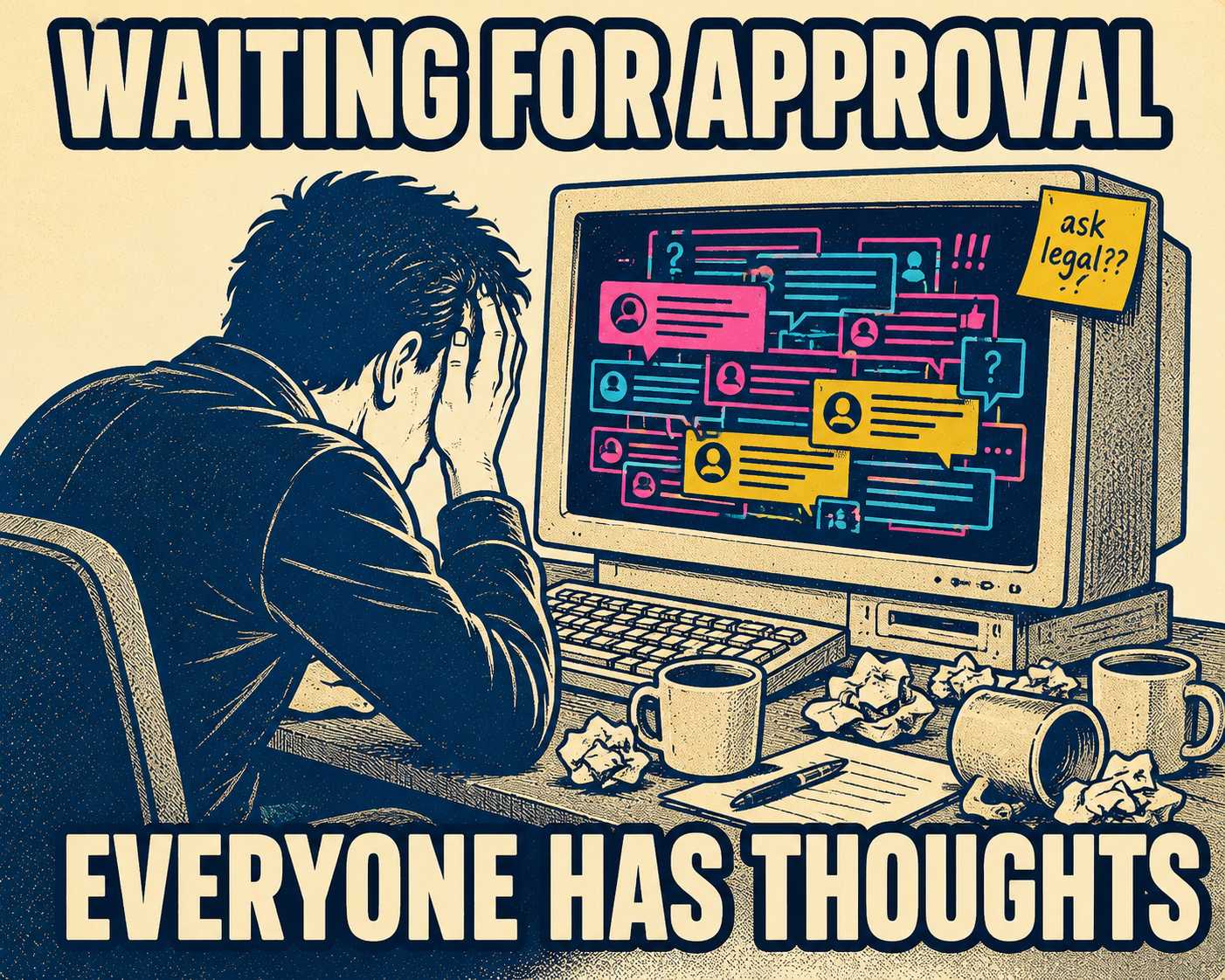 Exhausted figure at desk surrounded by overlapping comment bubbles and notifications.