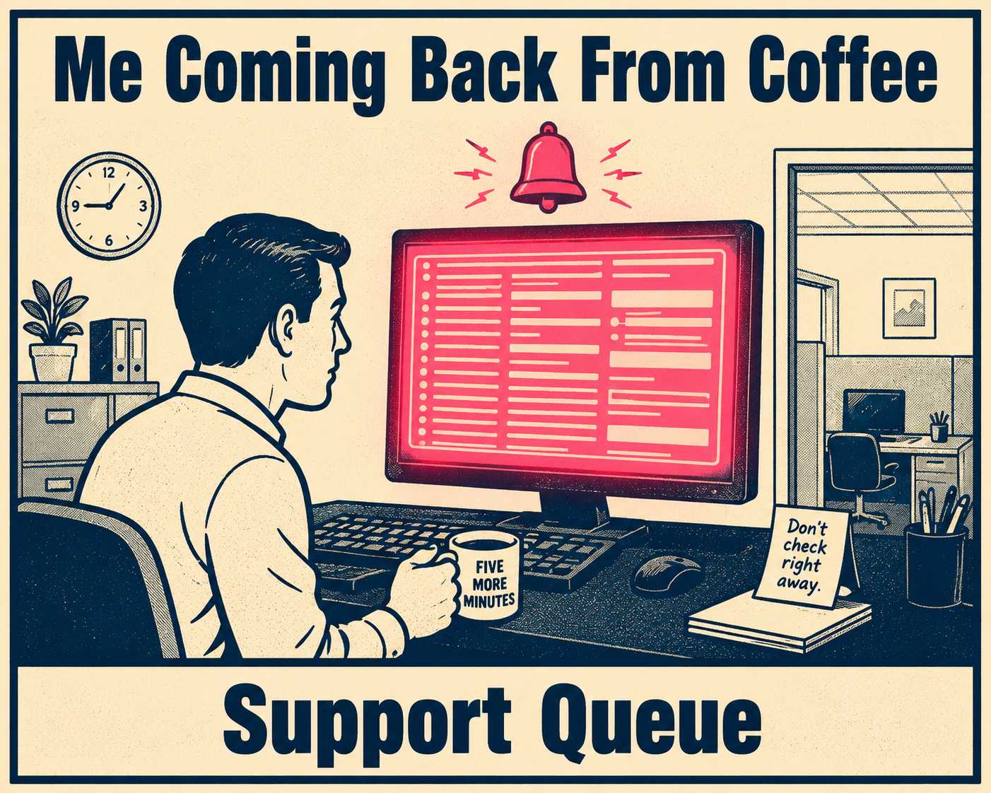 Person at desk with coffee, computer screen glowing bright red behind them