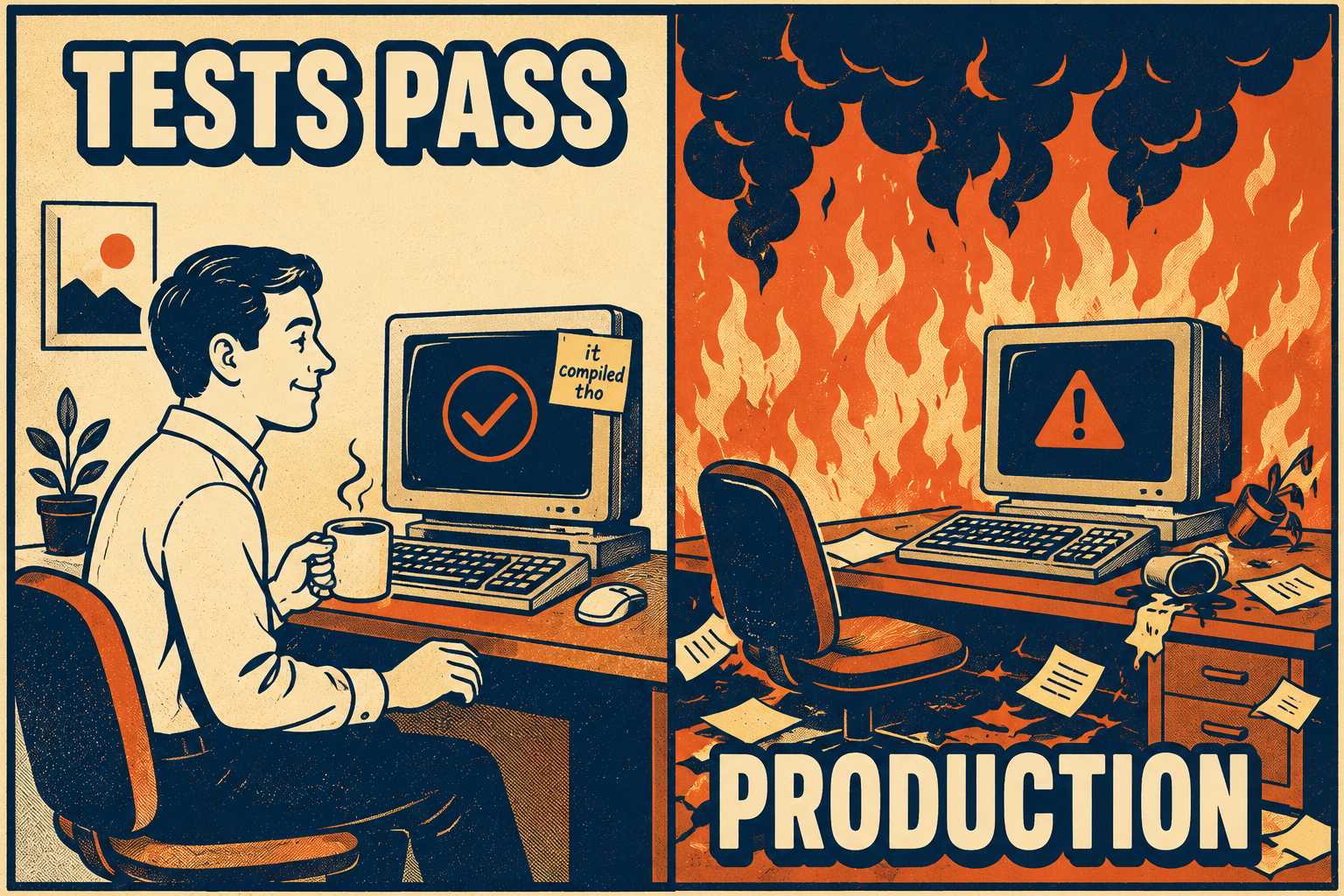 Developer satisfied at desk while production burns in the background