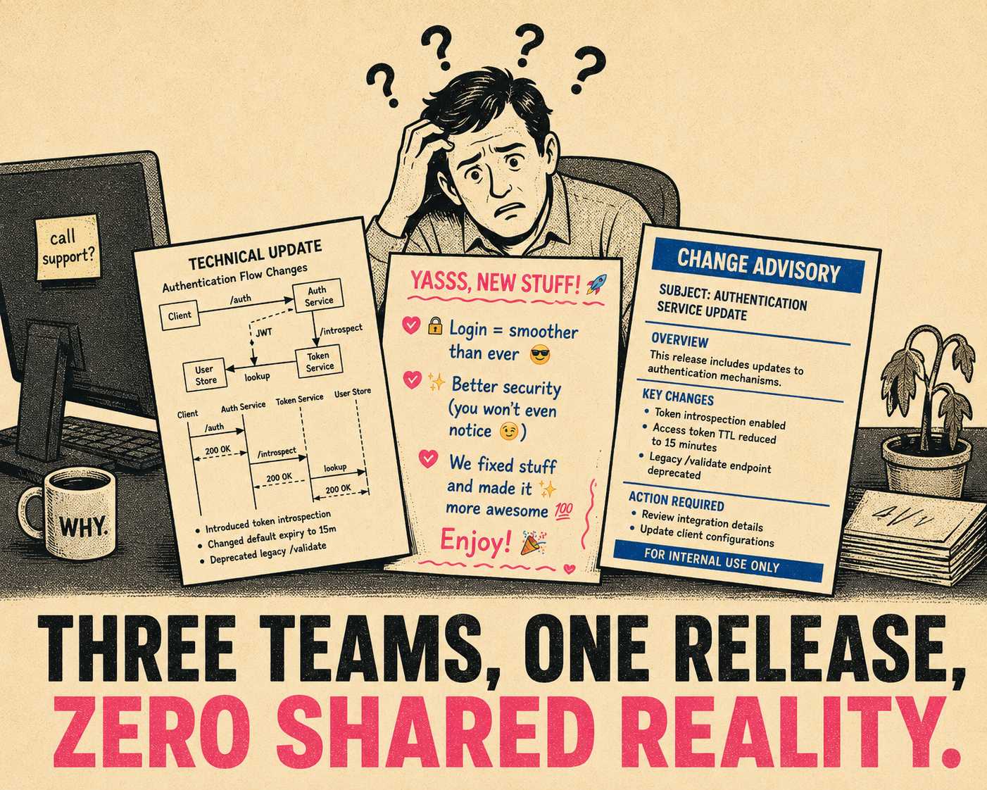 Confused reader comparing three wildly different documentation pages side by side