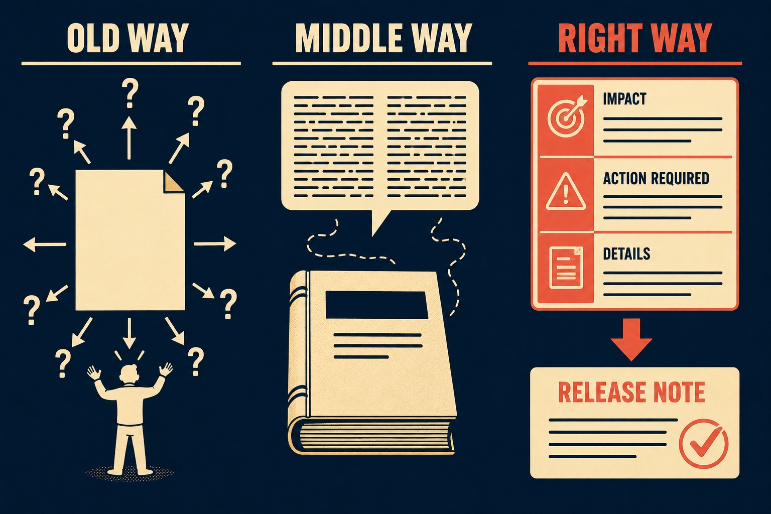 Three workflows showing template evolution from blank pages to structured sections