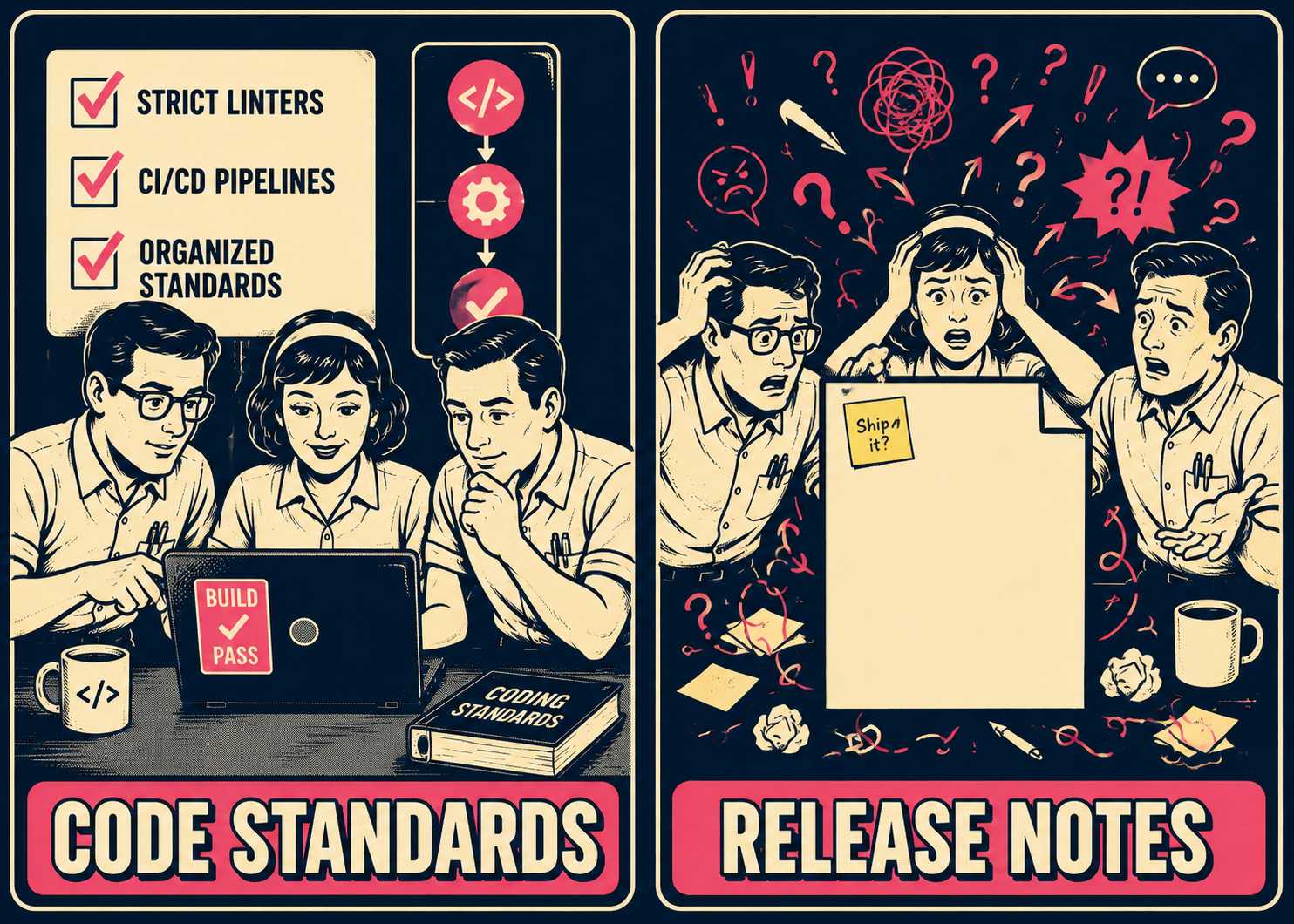 Two-panel comparison of engineering standards vs. chaotic release notes writing