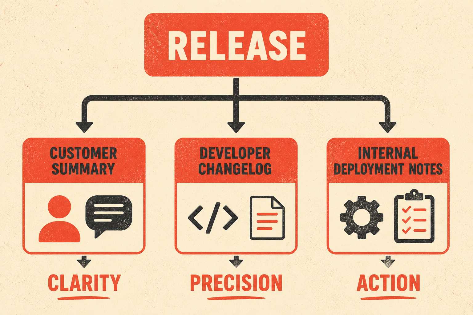 Diagram showing one release flowing into three separate audience-specific formats