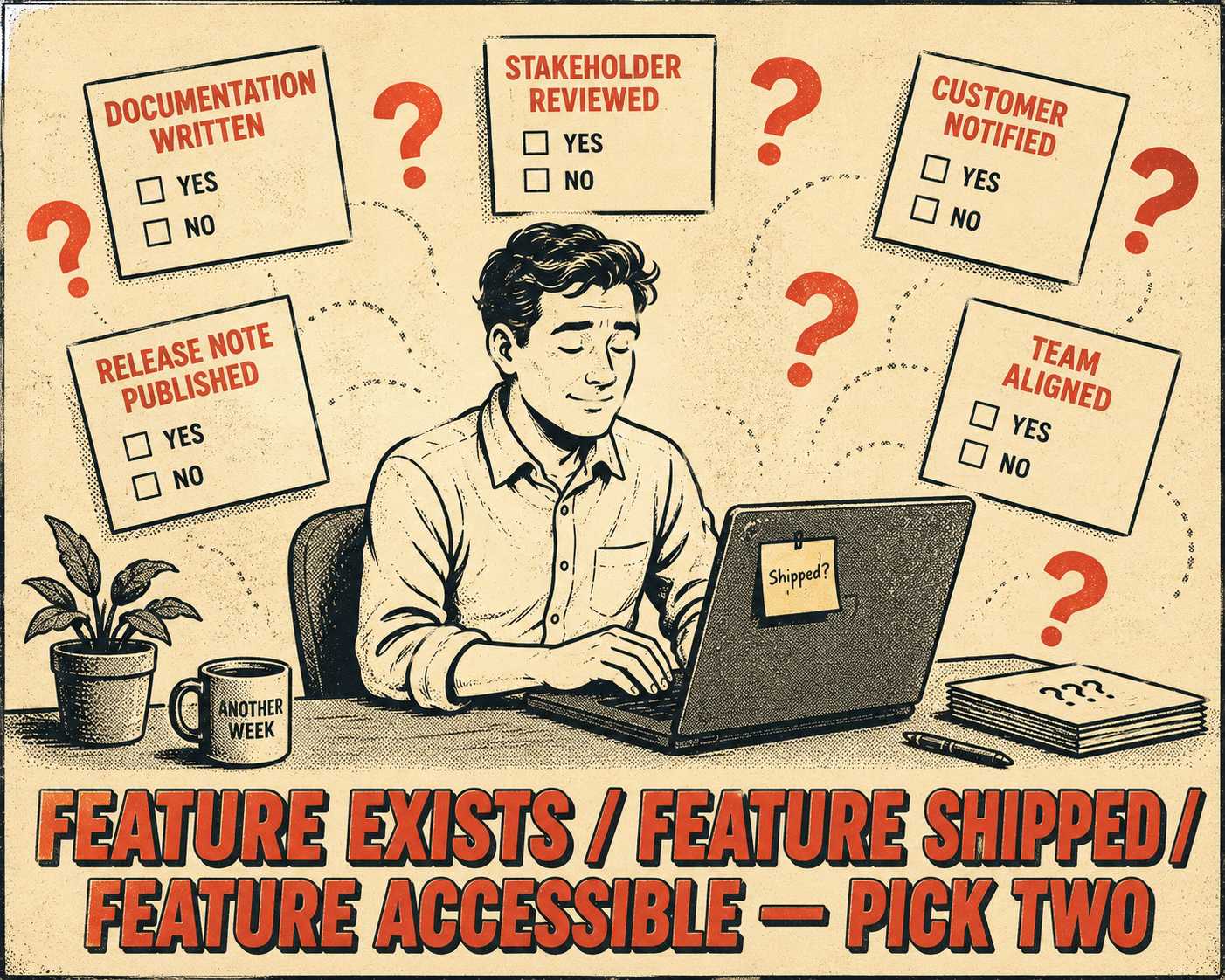 Person typing at desk surrounded by floating question marks and incomplete checkboxes