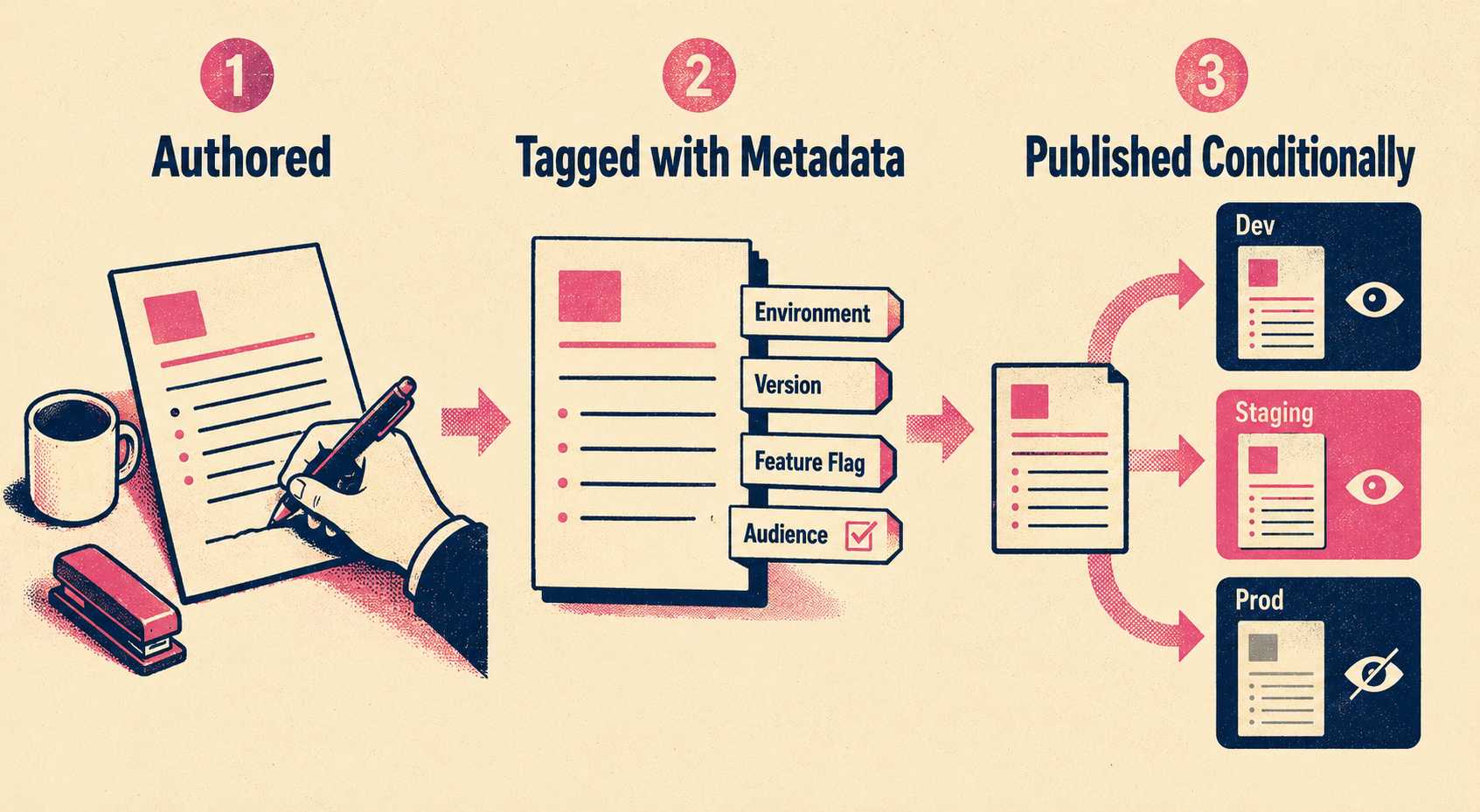 Three-stage flow: authored document, tagged with metadata, published conditionally to multiple environments