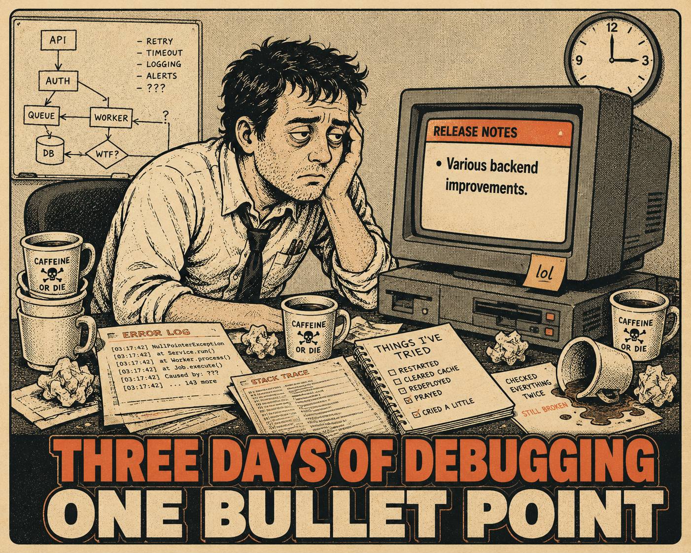 Exhausted engineer staring at vague release notes after days of debugging work.