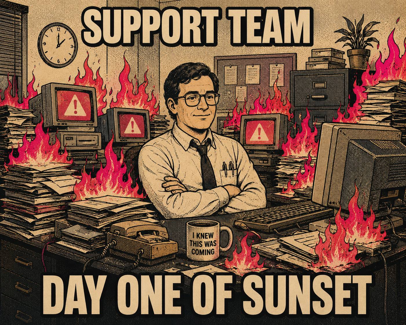 Support team member at desk surrounded by fire and alerts, captioned with dry humor.