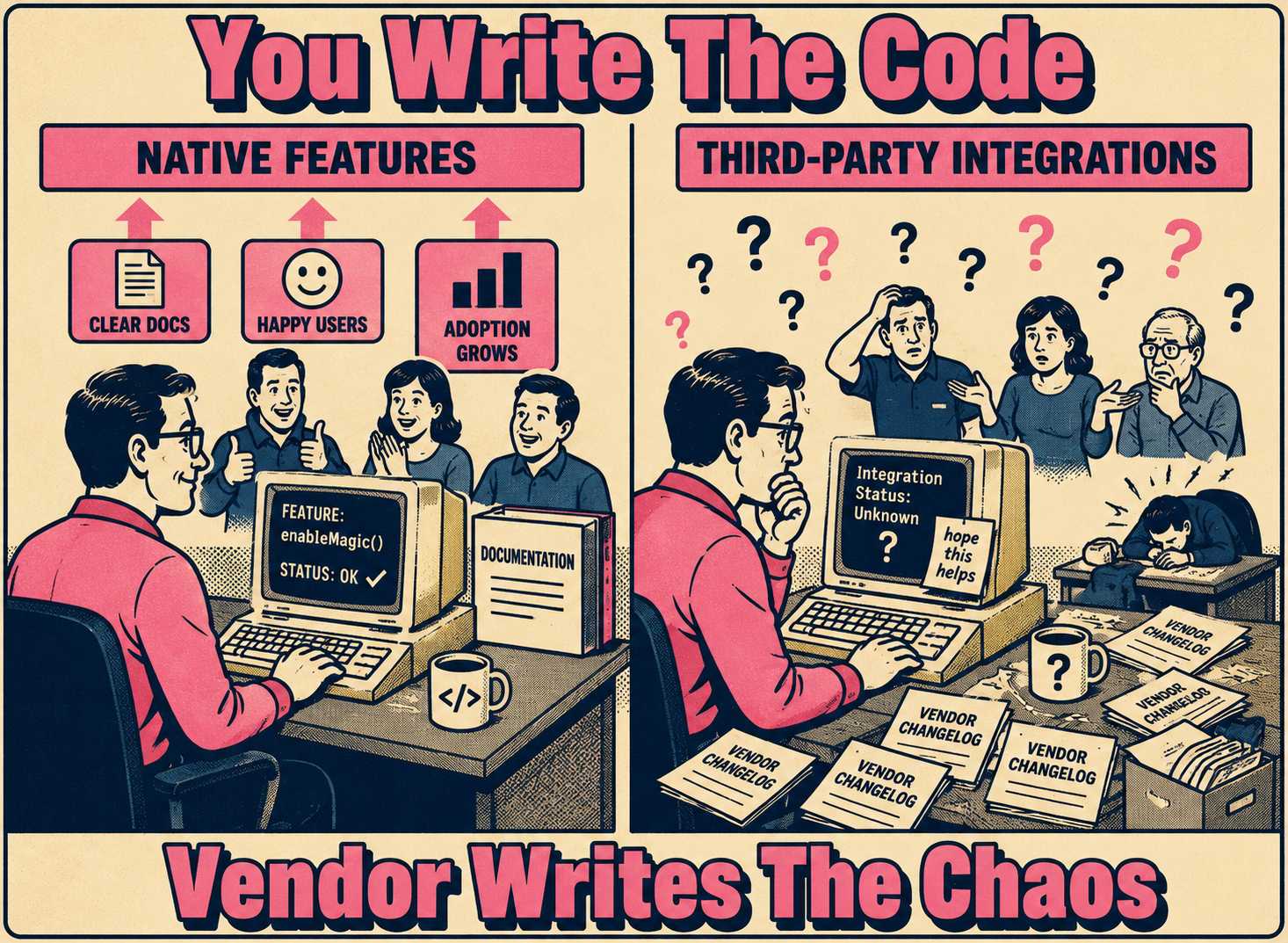 Split-screen meme showing confident engineer versus overwhelmed engineer surrounded by vendor documentation.