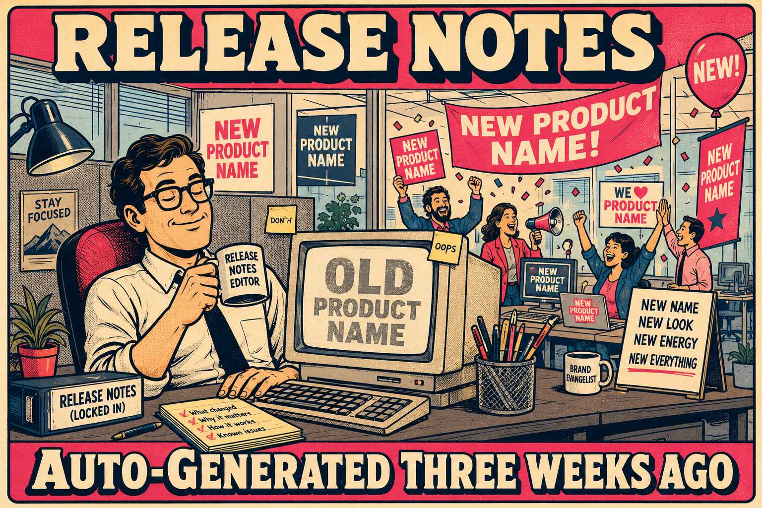 Editor calmly working while old product name displays on screen and new branding surrounds office.