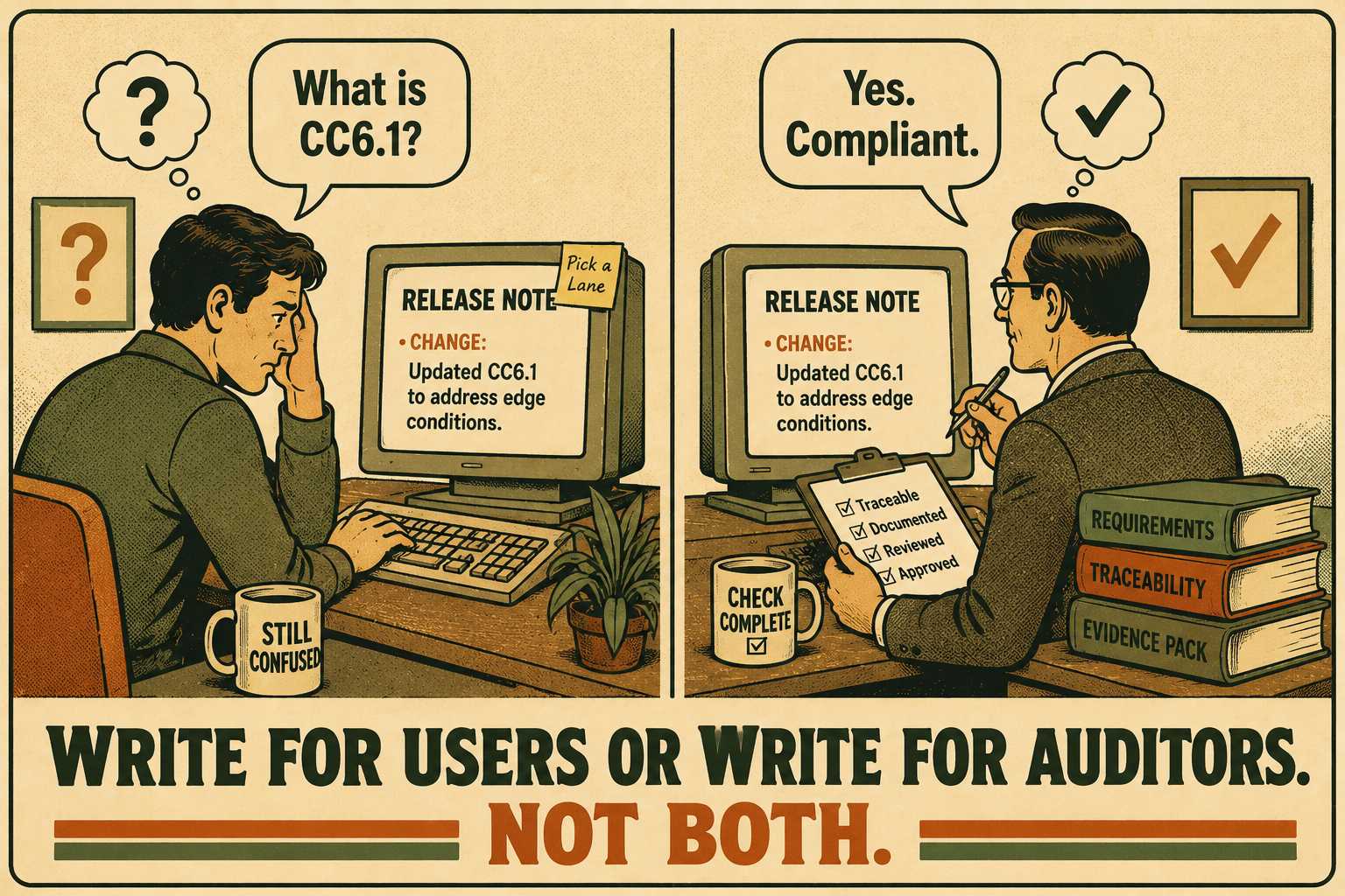 Split-screen showing confused user and satisfied auditor reading opposite release notes