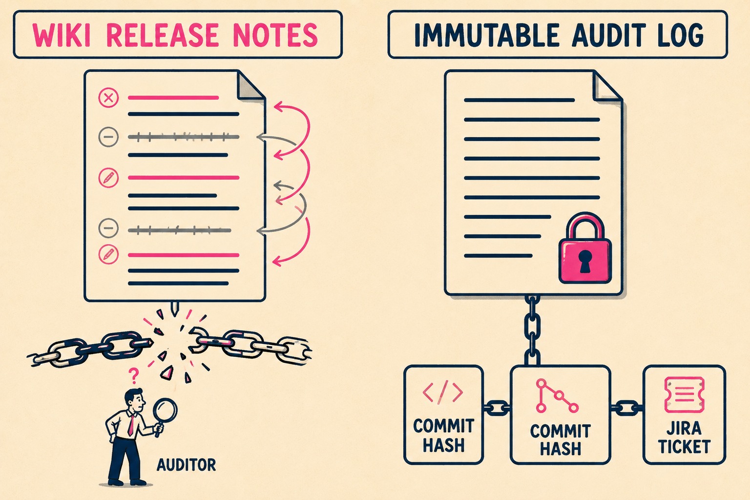 Diagram comparing editable wiki documents against immutable audit logs with unbroken traceability chain