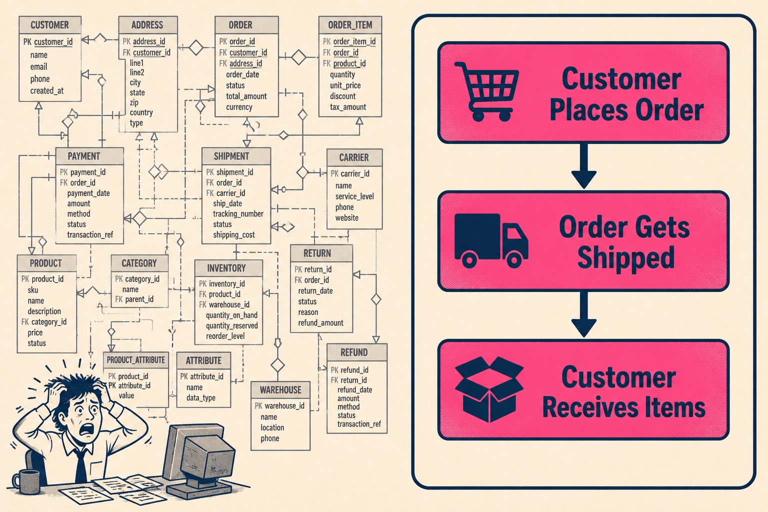Complex database diagram on left contrasted with simple three-step flowchart on right