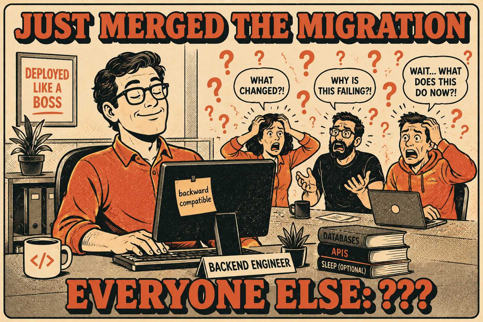 Engineer at desk labeled 'backward compatible' while three confused figures surround him with question marks