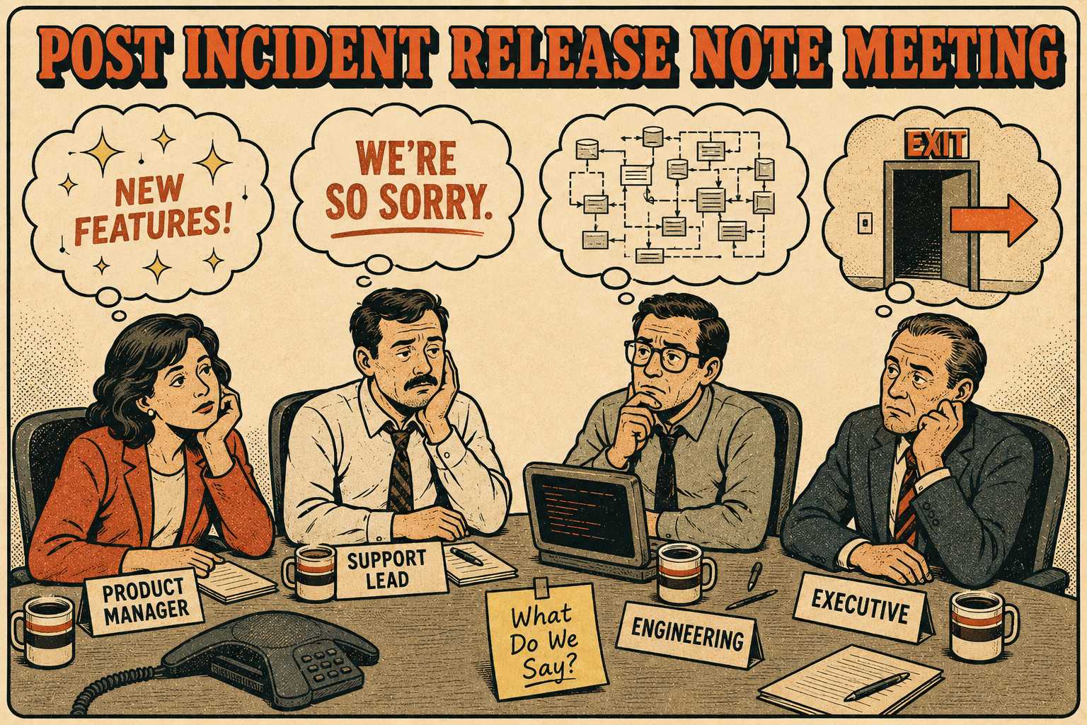 Four meeting attendees with conflicting priorities pointing in different directions at a conference table