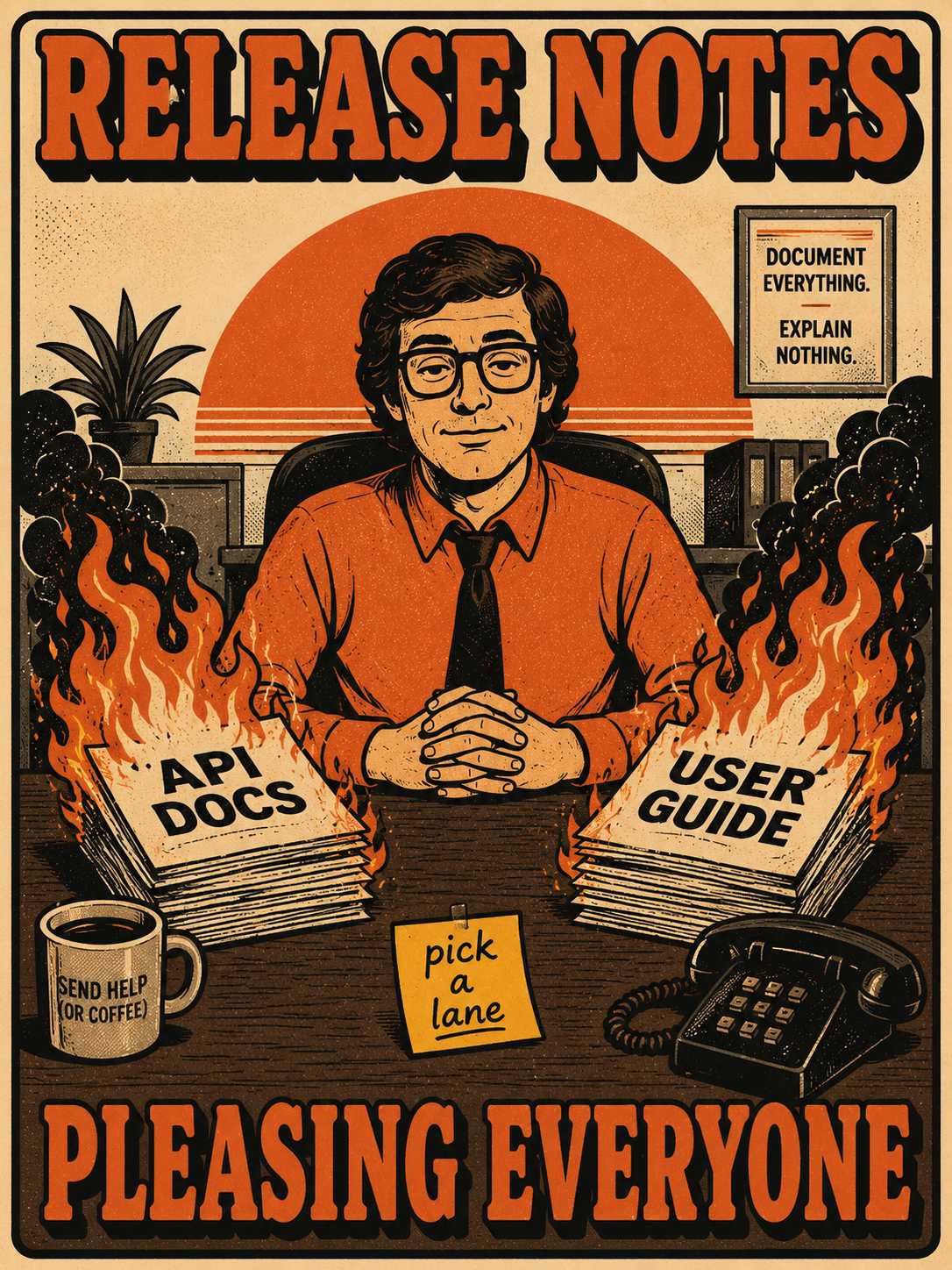 Person at desk with two burning documents labeled API Docs and User Guide