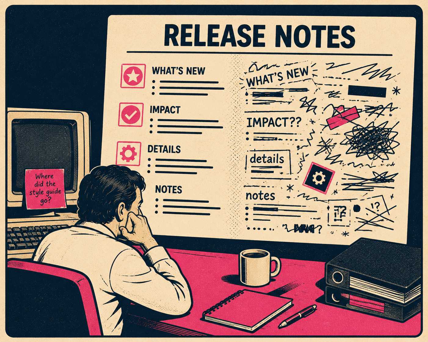 Person at desk watching organized release notes deteriorate into chaos and misalignment
