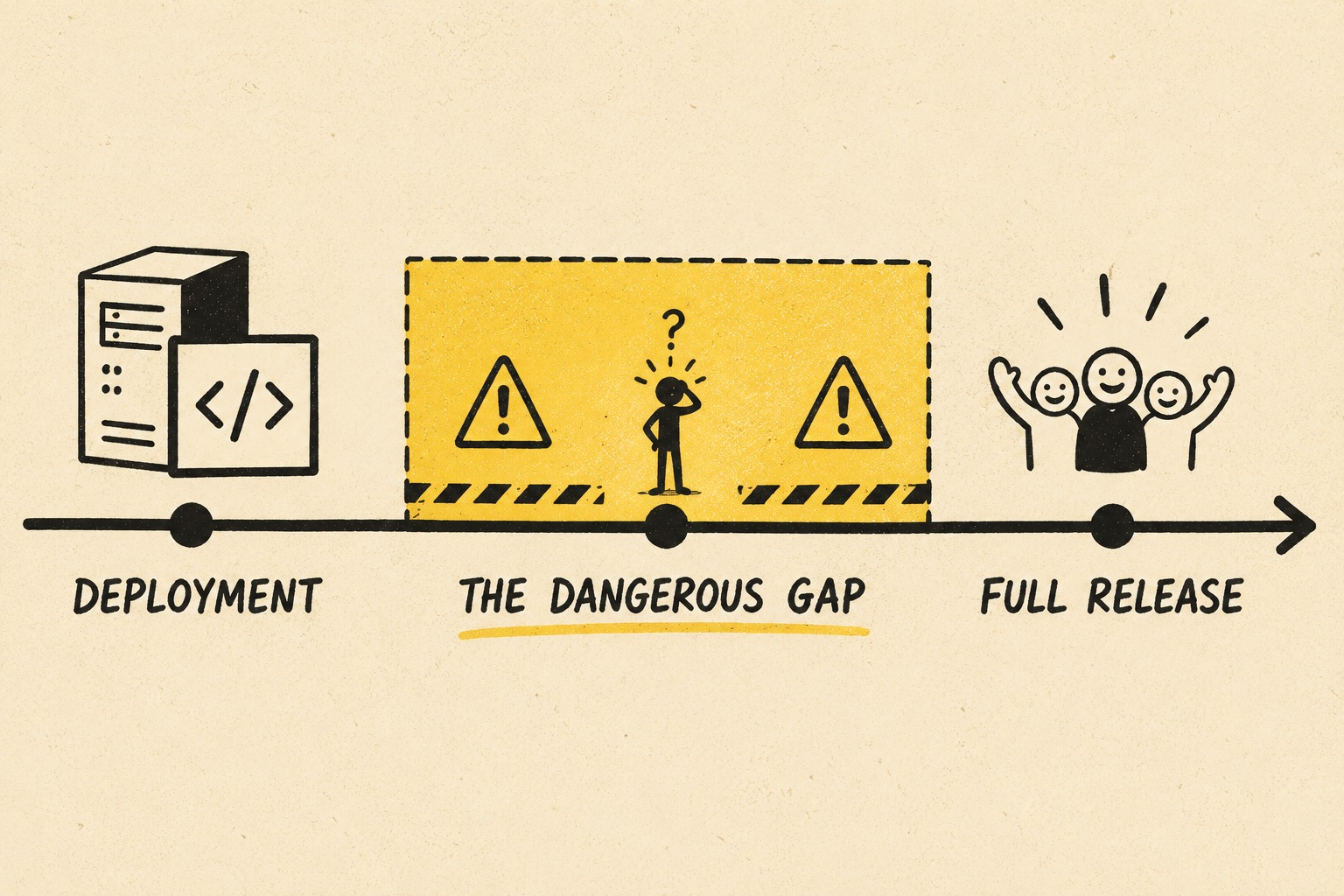 Timeline diagram showing deployment, documentation gap, and full release stages