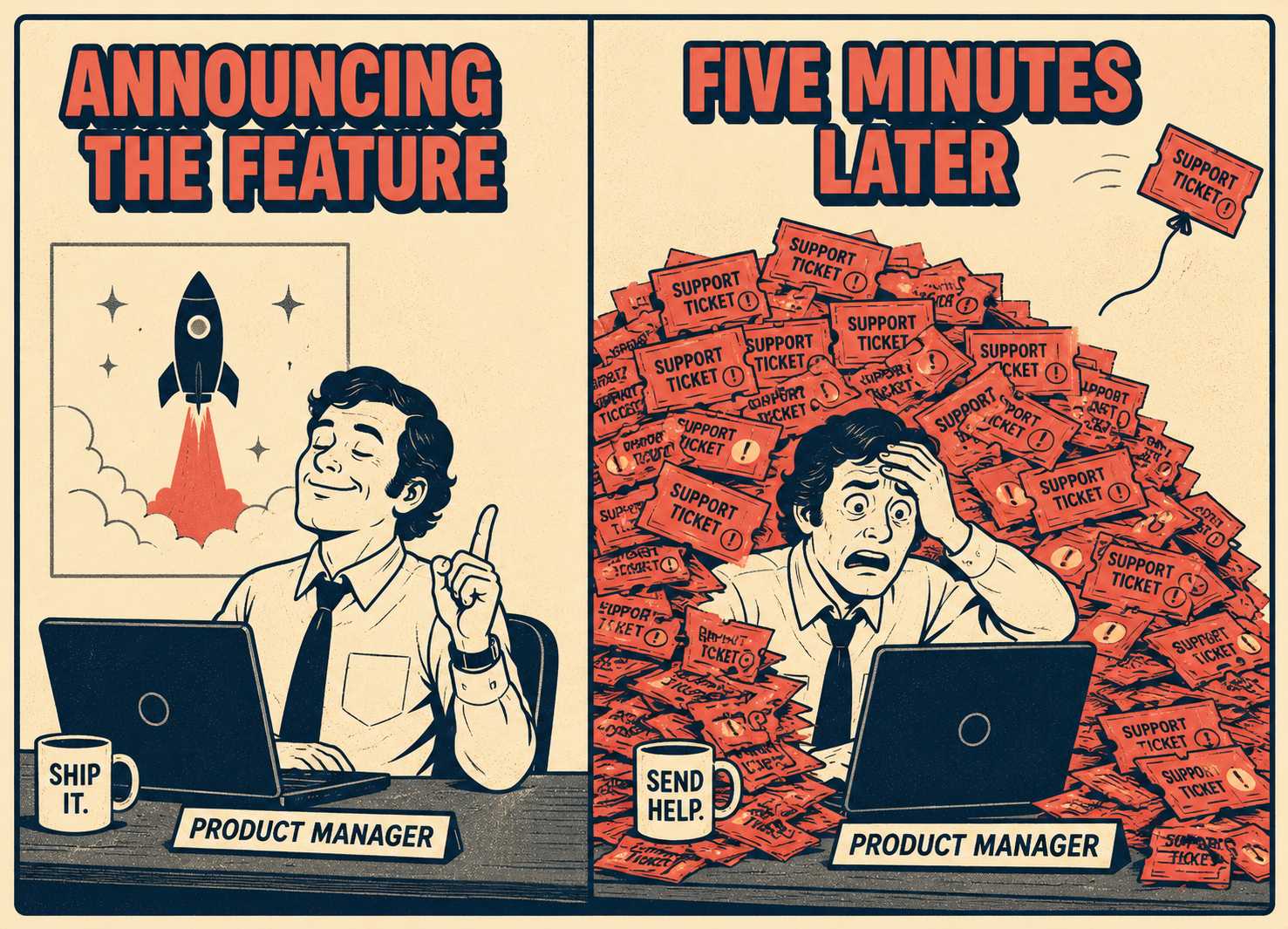 Two-panel meme showing confident announcement followed by desk buried in support tickets