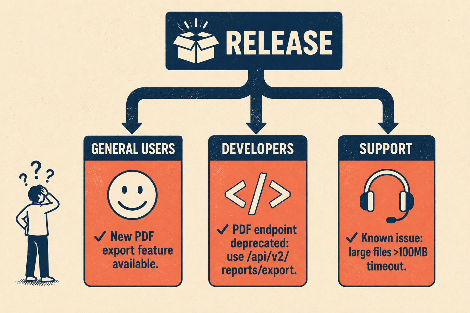 Three diverging communication lanes from release to general users, developers, and support