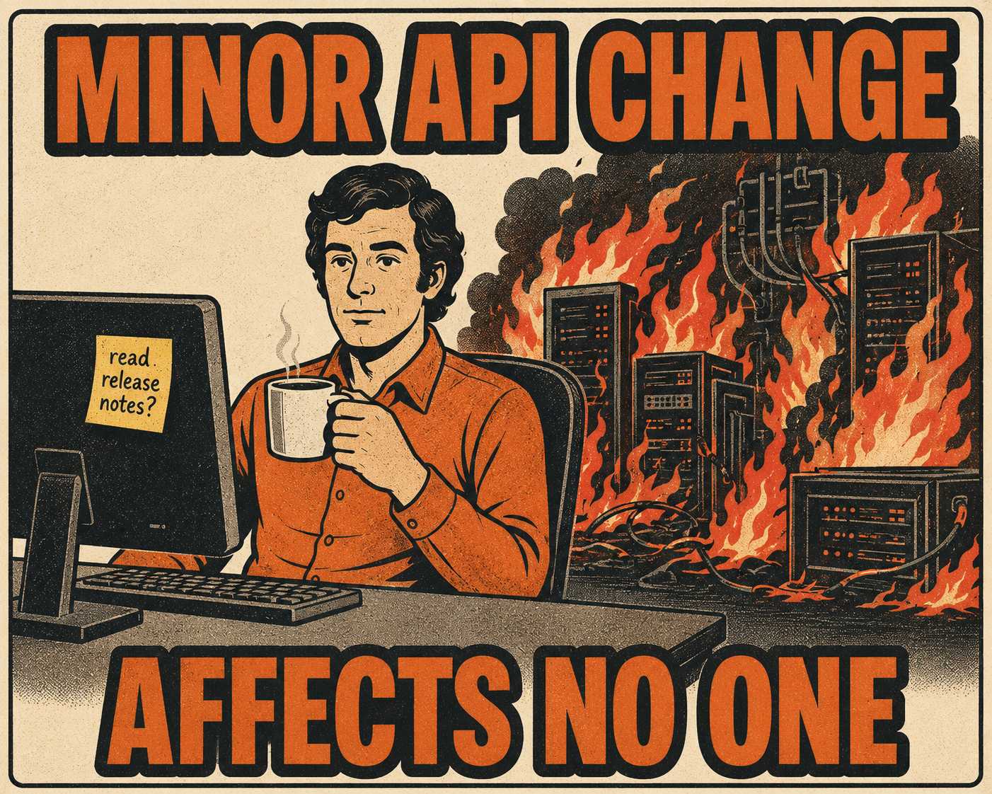 Engineer at desk unaware of production fire behind them labeled 'minor change'