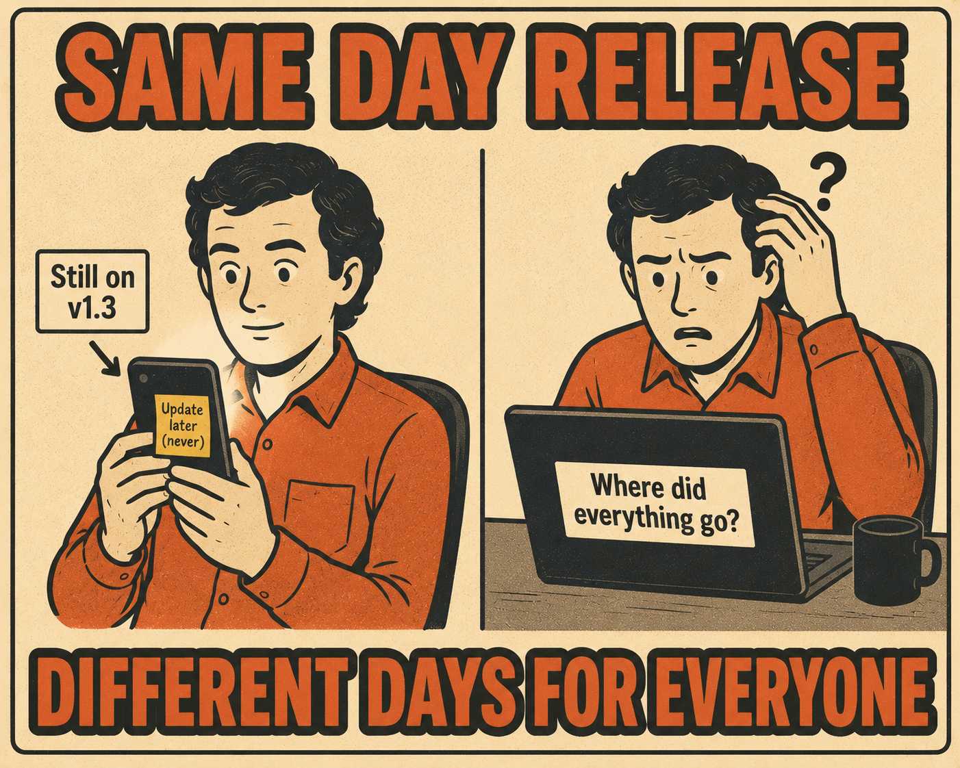 Split-screen meme of user on old mobile version confused at new web interface