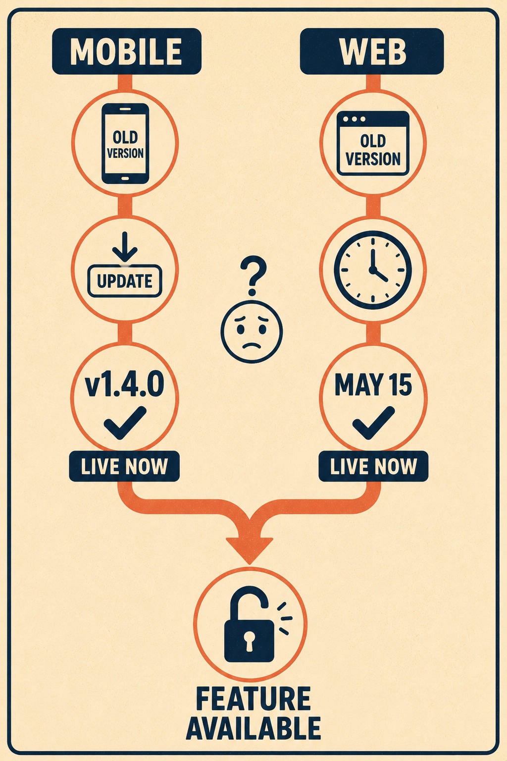 1970s-style timeline showing mobile and web updates converging to unlock a feature