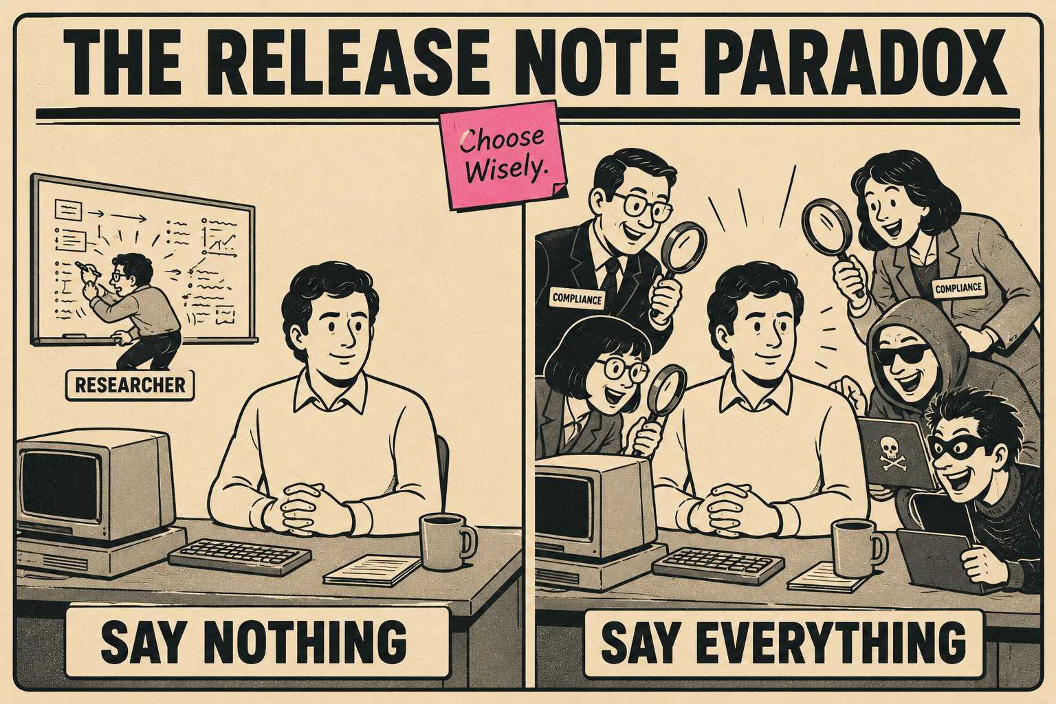 Two-panel absurdist meme showing the costs of disclosure silence versus over-sharing