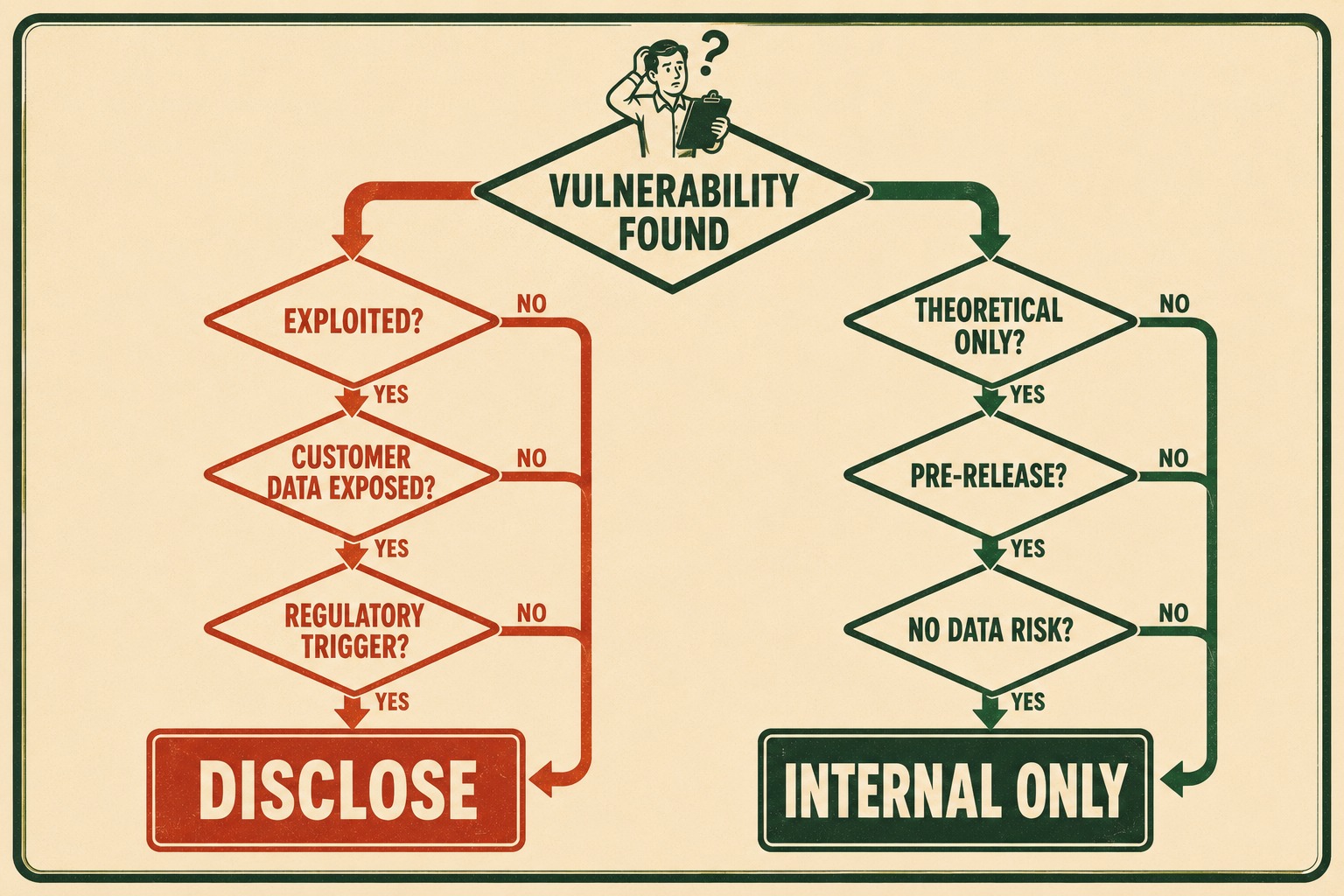 Flowchart showing decision tree for security vulnerability disclosure versus silence