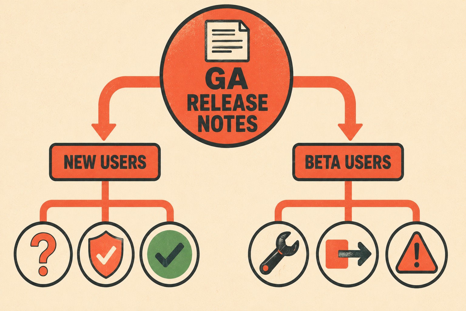Two audience paths: new users need confidence, beta users need migration guidance.