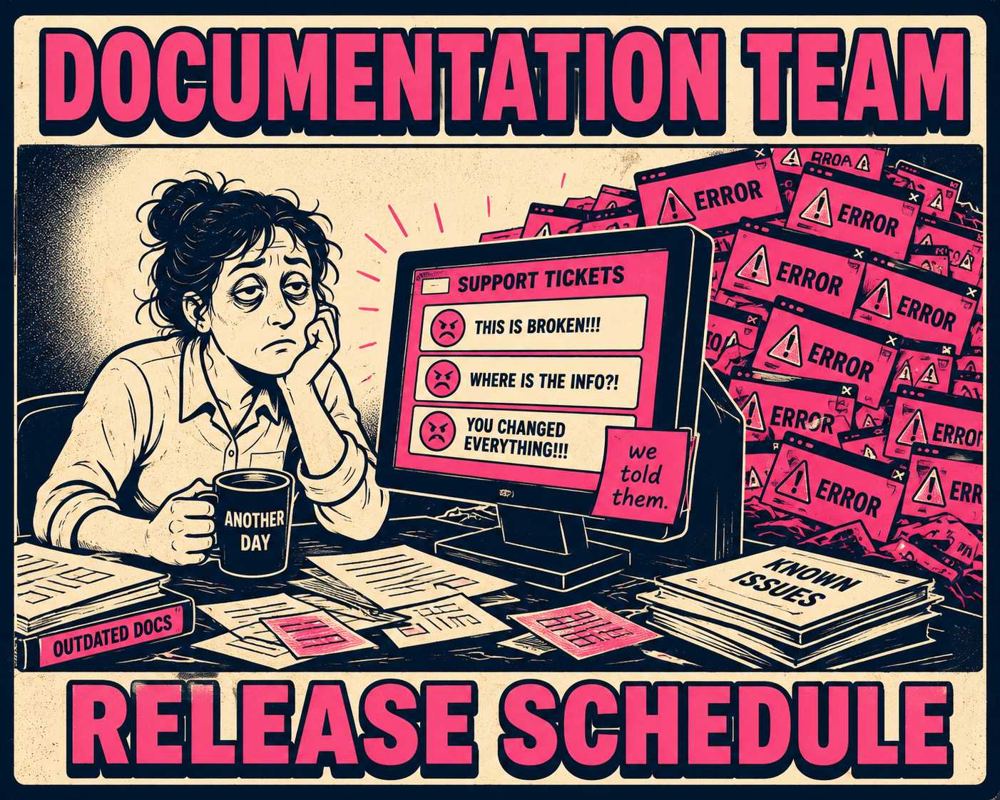 Support agent calmly working while error notifications pile up behind desk.