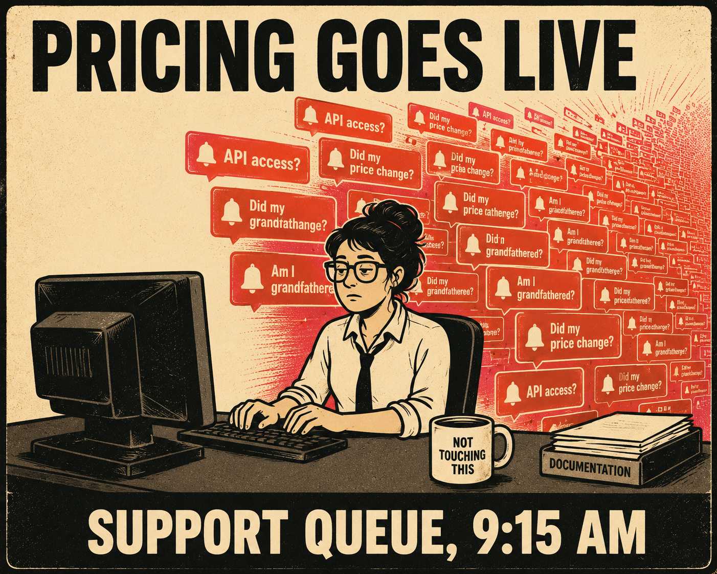 Support team member at desk overwhelmed by multiplying red notification bubbles after pricing change launch