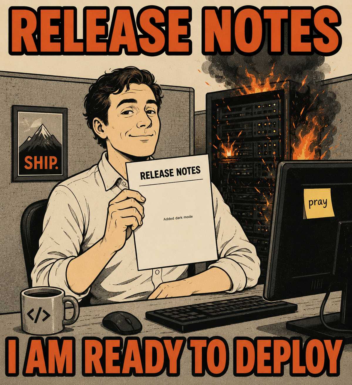 Office worker holding minimal release notes while server rack burns behind them