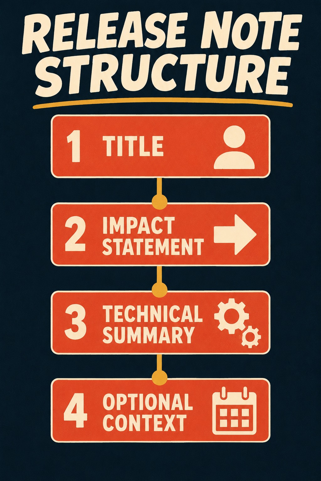 Four-component release note structure: title, impact, technical summary, context
