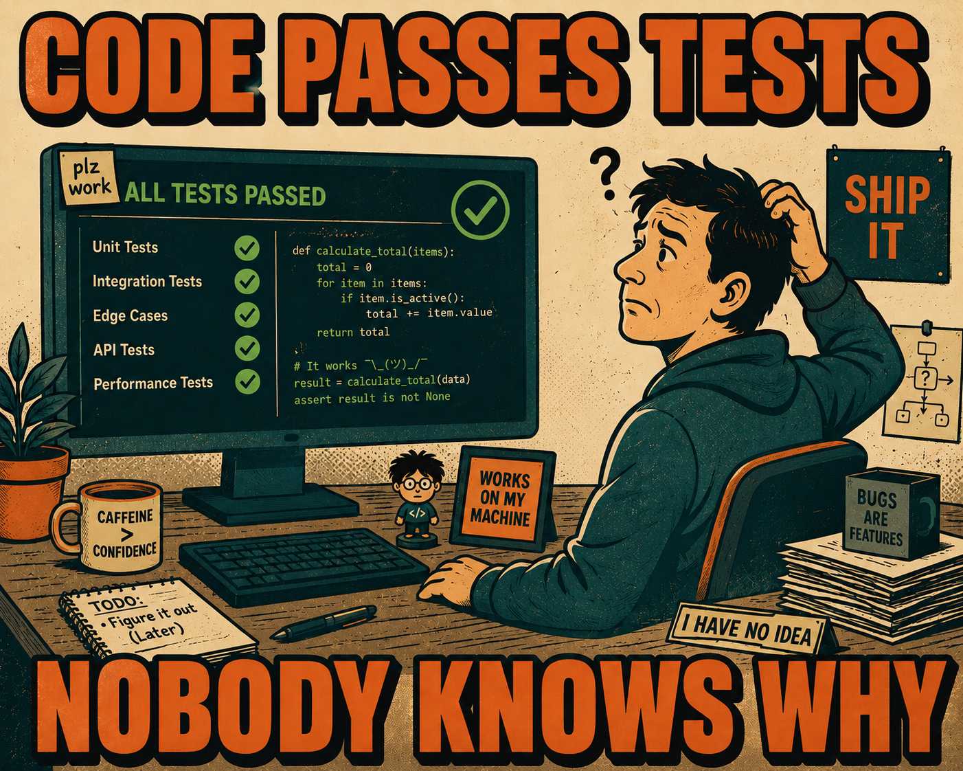 Developer giving thumbs up to passing tests while scratching head in confusion