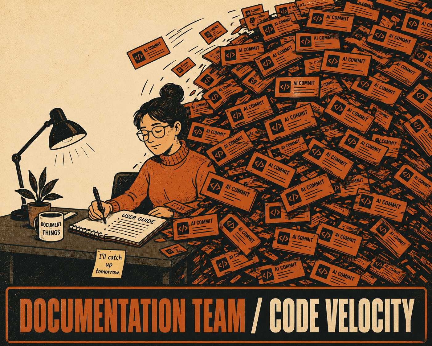 Technical writer at desk buried under avalanche of code commits, sticky note visible