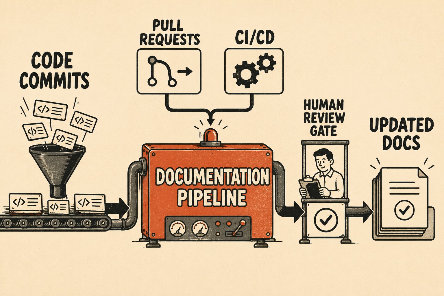 Flow diagram showing code commits feeding into documentation pipeline with human review gate