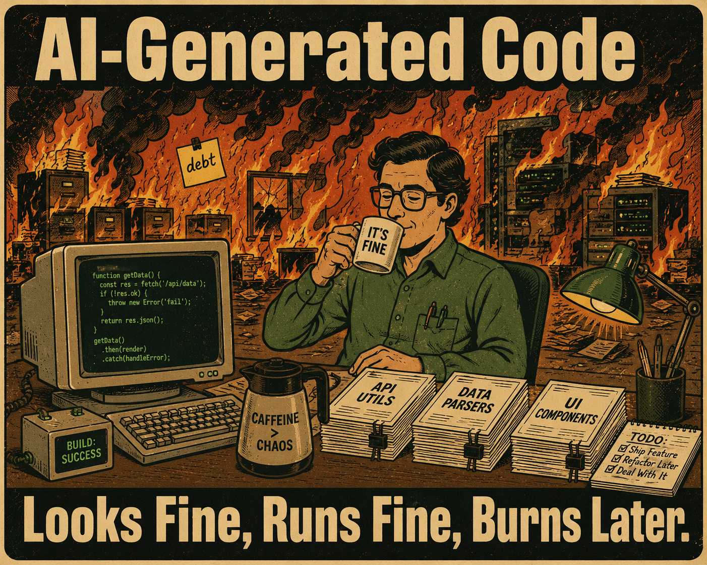 Developer at desk with burning servers behind them, labeled about AI-generated code debt.