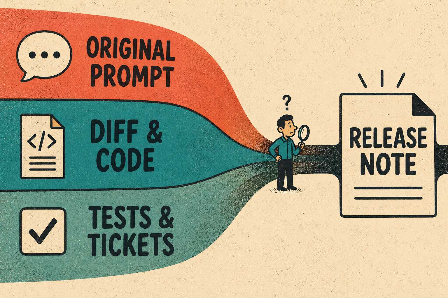 Three artifact streams—prompt, code, tests—converging into a single release note output.