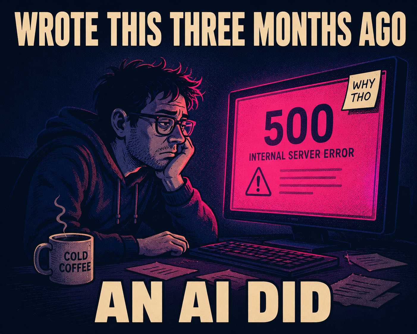 Tired engineer staring at 500 error at night with 'An AI did' caption